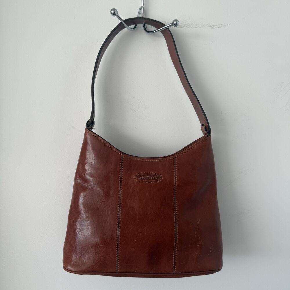 Vintage Oroton Red Brown Leather Shoulder Hobo Bag Australia Logo Plaque 90s VTG